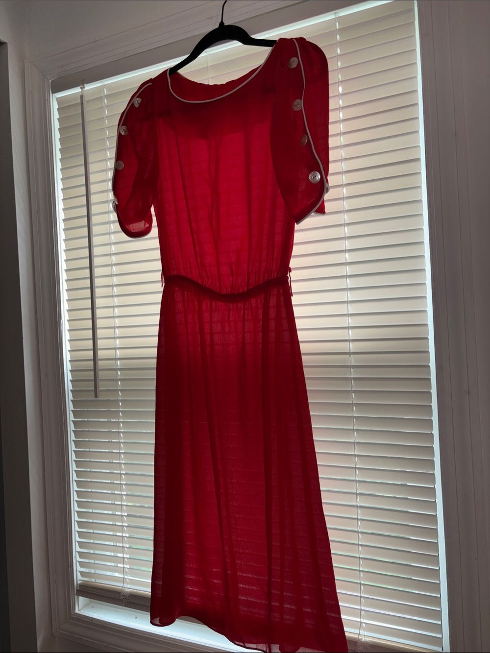 Red Sheer Midi Dress with Button-Trim Sleeves